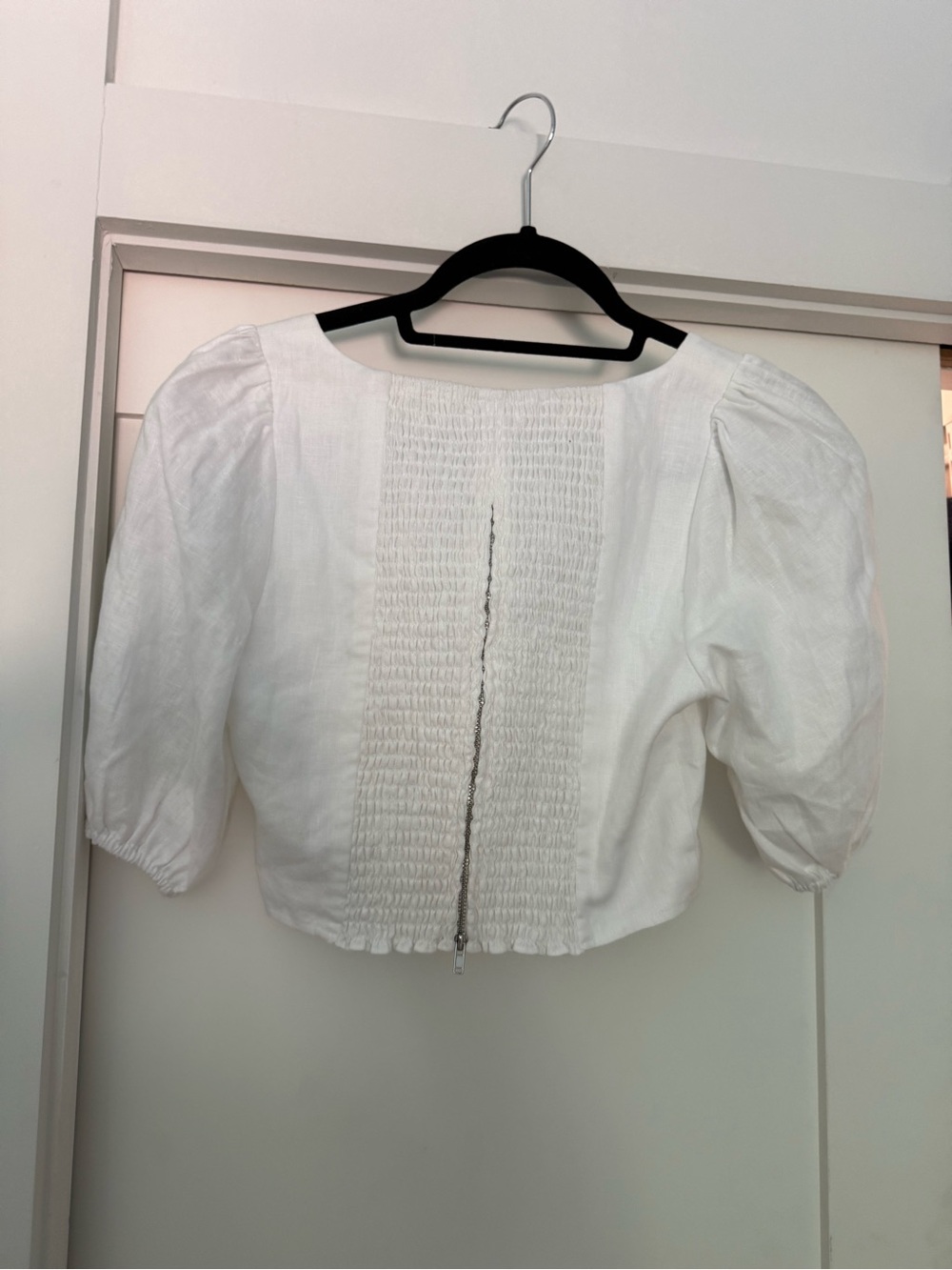 Women’s White Linen Smocked Puff-Sleeve Crop Top + skirt
